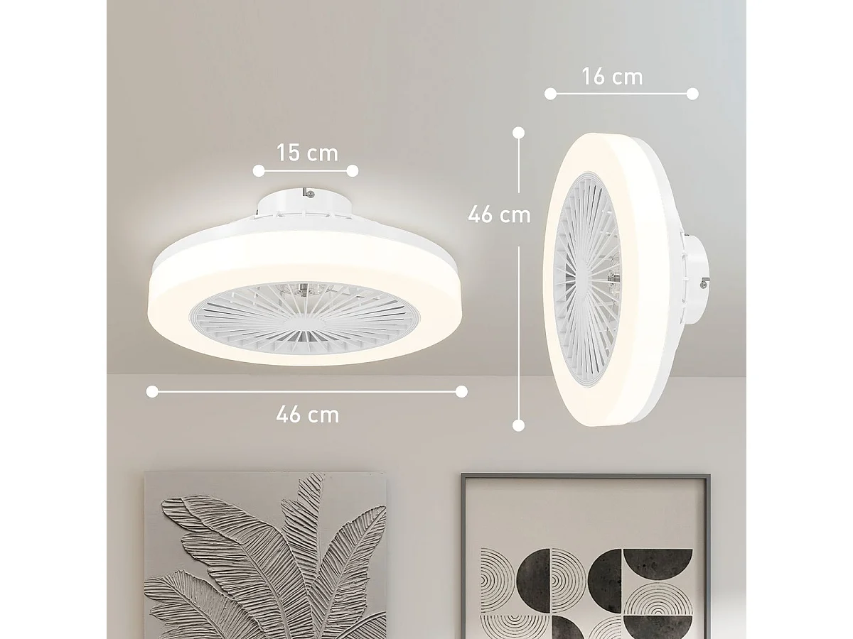 Ventilador de techo Manhattan Homcom luz LED + 6 velocidades blanco Ø46 cm