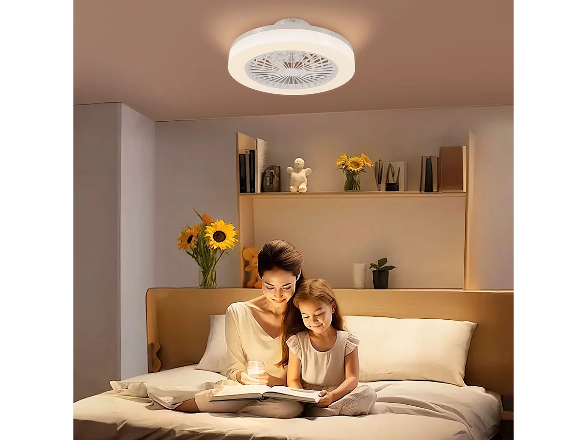 Ventilador de techo Manhattan Homcom luz LED + 6 velocidades blanco Ø46 cm