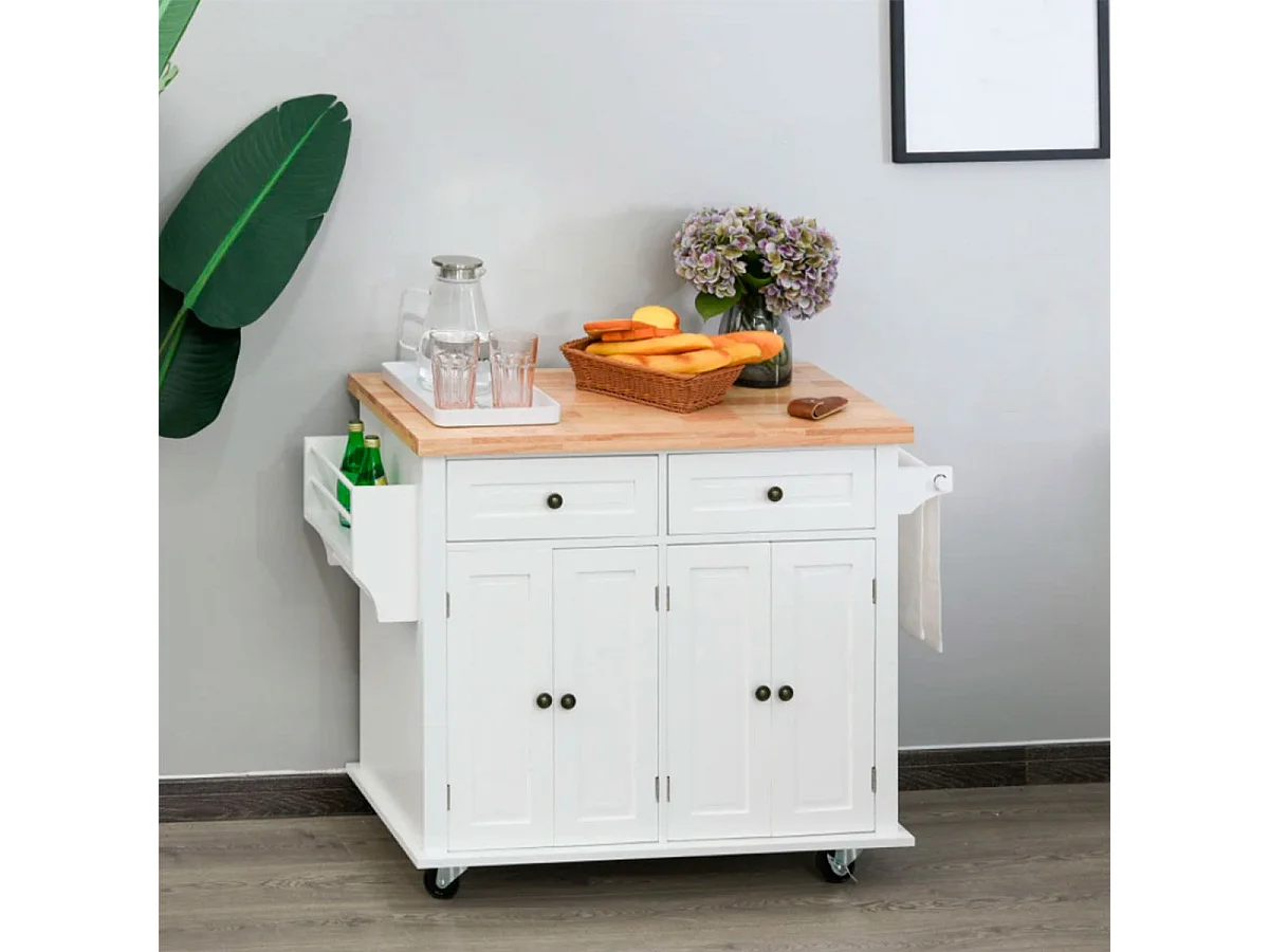 Isla de cocina Homcom 2 cajones 4 puertas especiero barra lateral blanco 82,5x111x44,5 cm