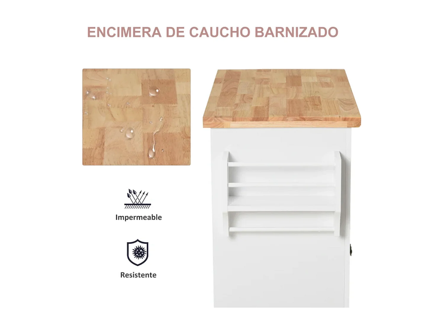 Isla de cocina Homcom 2 cajones 4 puertas especiero barra lateral blanco 82,5x111x44,5 cm