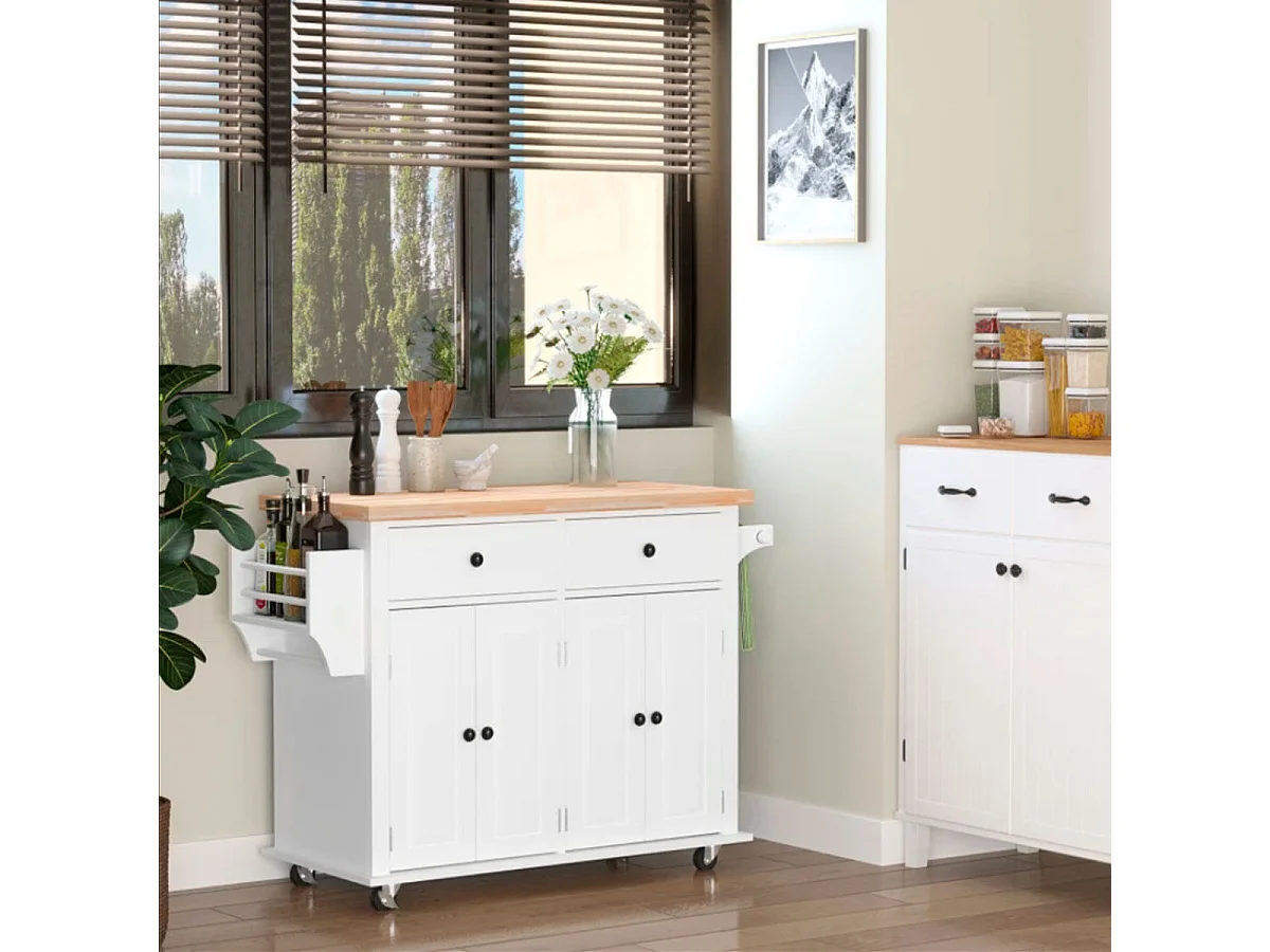 Isla de cocina Homcom 2 cajones 4 puertas especiero barra lateral blanco 82,5x111x44,5 cm