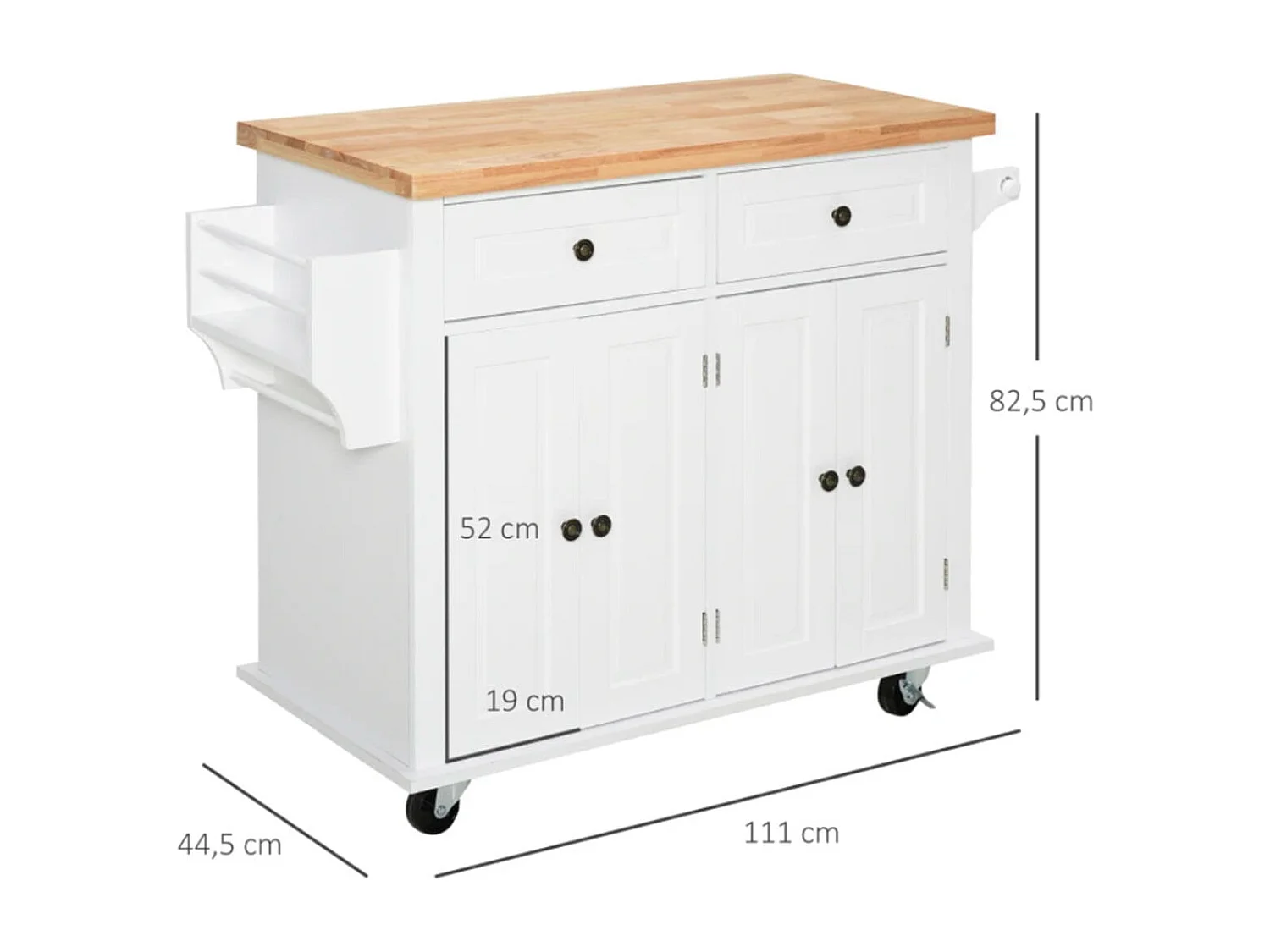 Isla de cocina Homcom 2 cajones 4 puertas especiero barra lateral blanco 82,5x111x44,5 cm