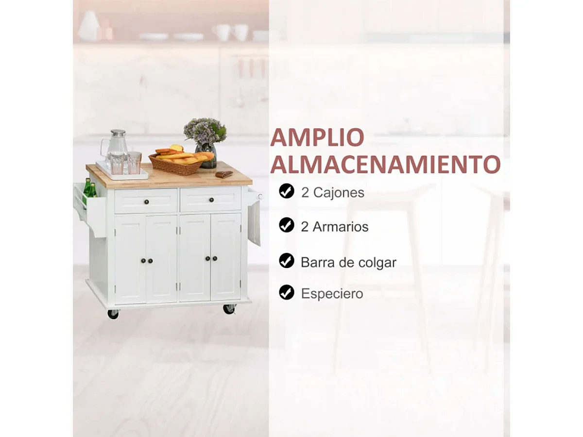 Isla de cocina Homcom 2 cajones 4 puertas especiero barra lateral blanco 82,5x111x44,5 cm