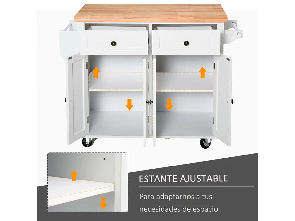 Isla de cocina Homcom 2 cajones 4 puertas especiero barra lateral blanco 82,5x111x44,5 cm