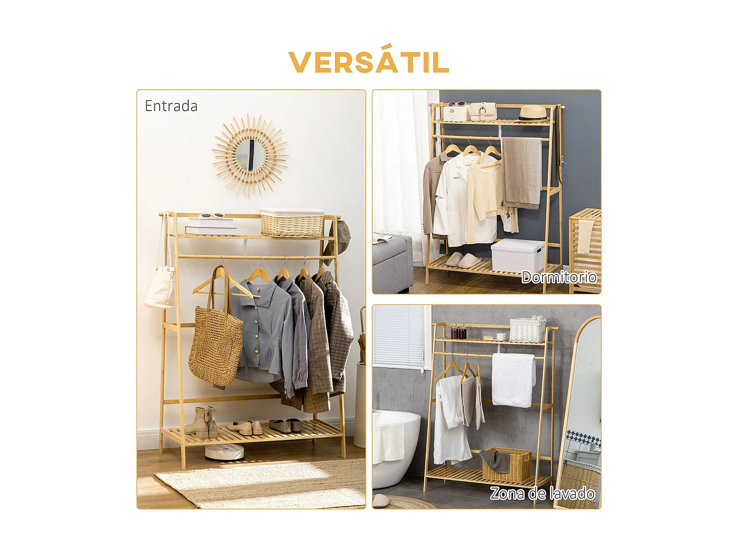 Burro perchero River Homcom 2 estantes + 2 ganchos natural 139x114x40 cm