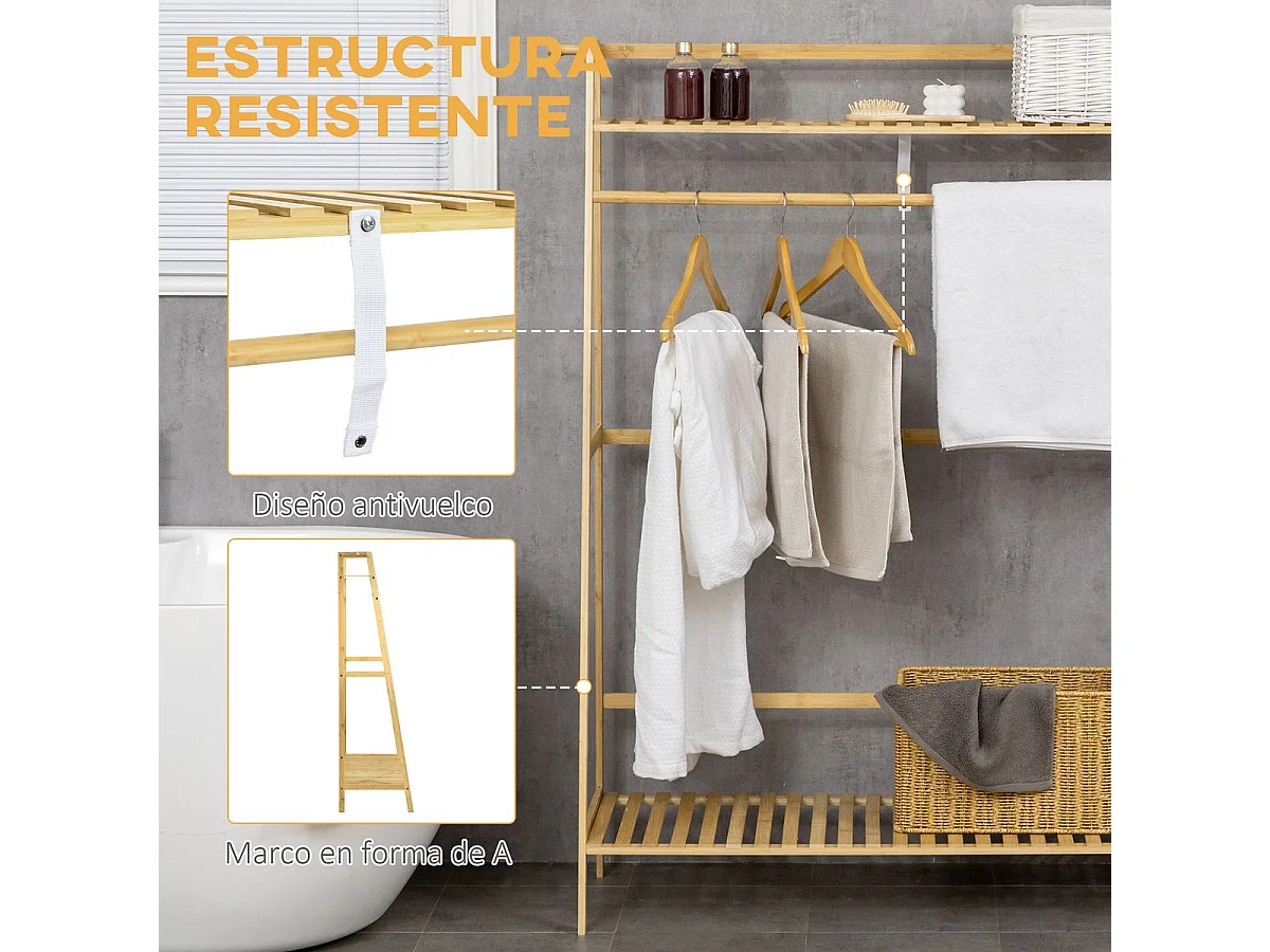 Burro perchero River Homcom 2 estantes + 2 ganchos natural 139x114x40 cm