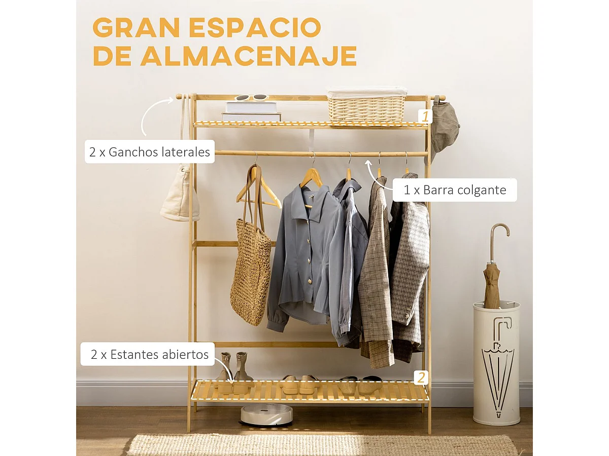 Burro perchero River Homcom 2 estantes + 2 ganchos natural 139x114x40 cm