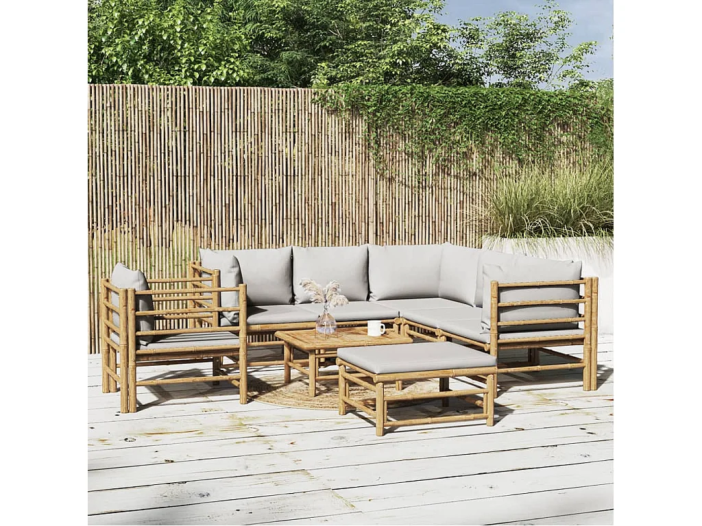 8-tlg. Garten-Lounge-Set mit Kissen Hellgrau Bambus