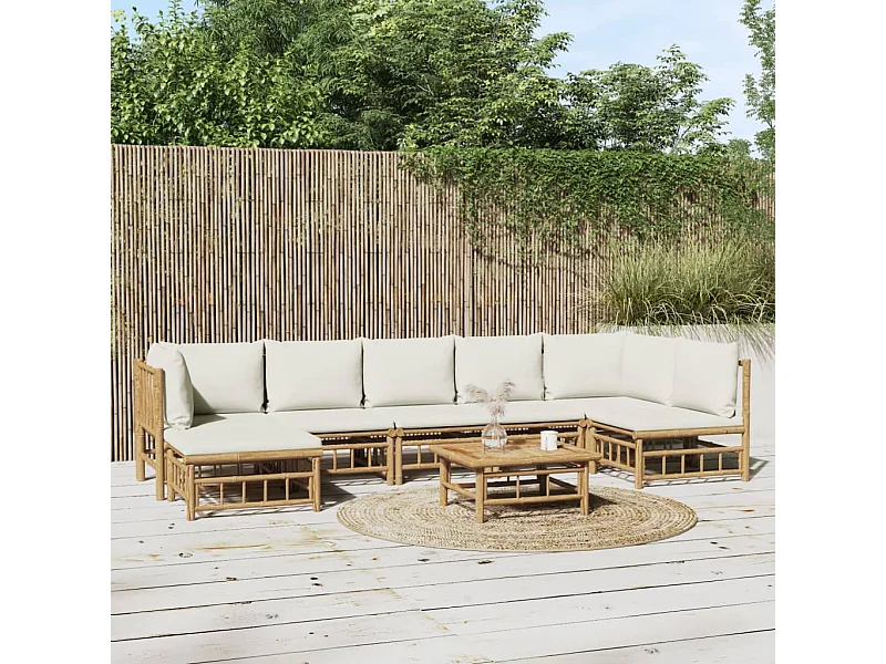 Salon de jardin 8 pcs avec coussins blanc crème bambou