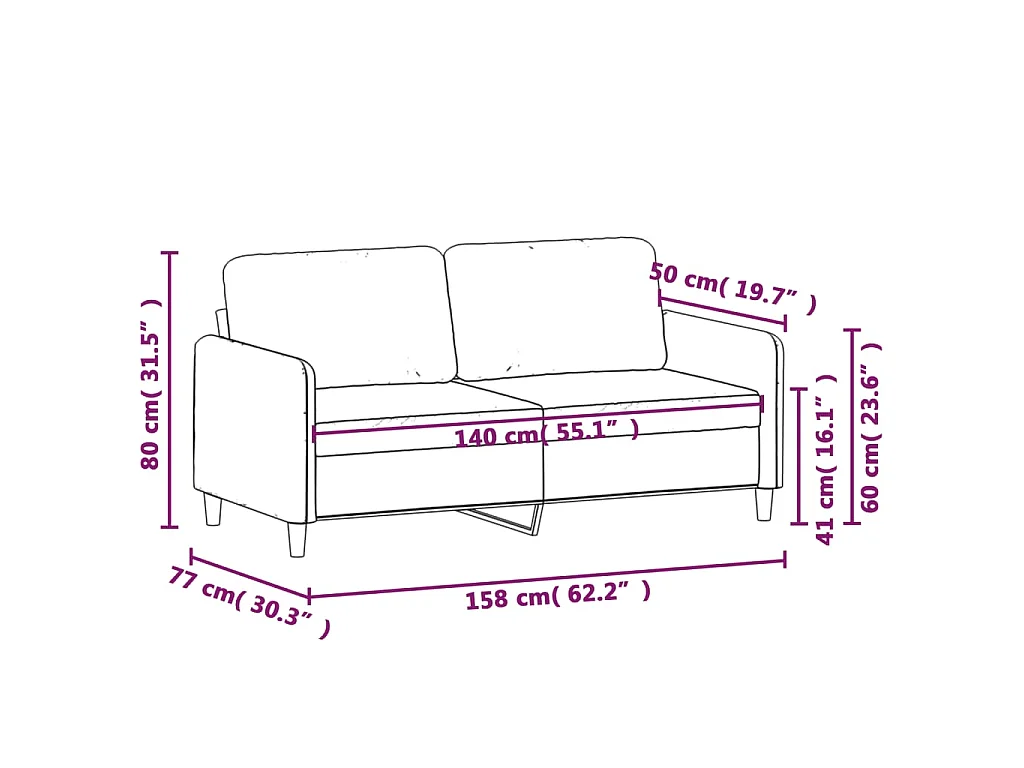 Canapé à 2 places Rouge bordeaux 140 cm Tissu