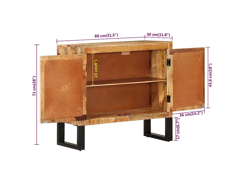 Buffet 80x30x71 cm bois de manguier brut massif et métal