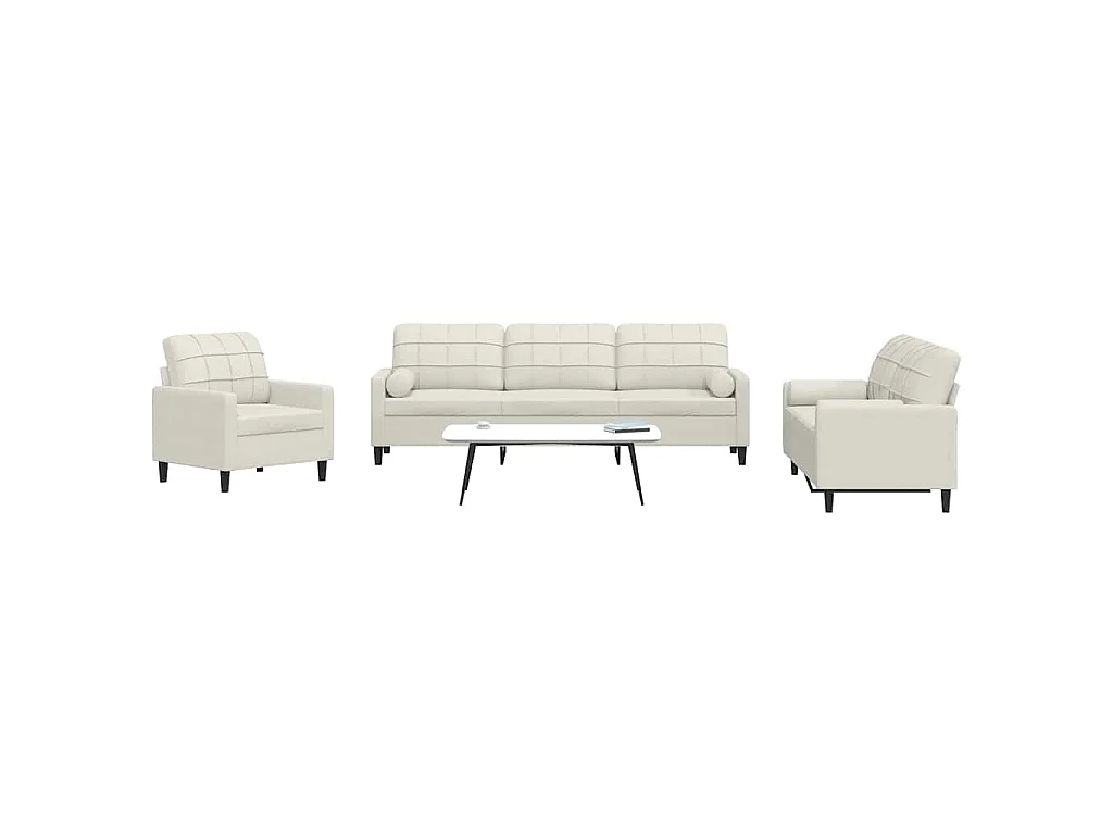 Set di Divani 3 pz con Cuscini e Rinforzi Crema in Velluto