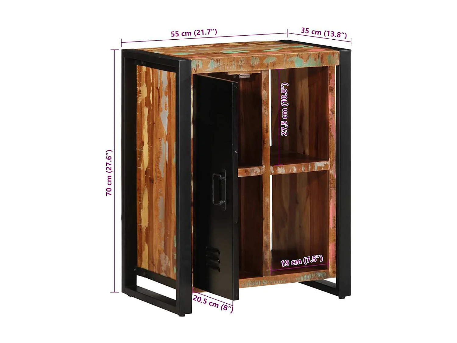 Buffet multicolore 55x35x70 cm bois massif récupération