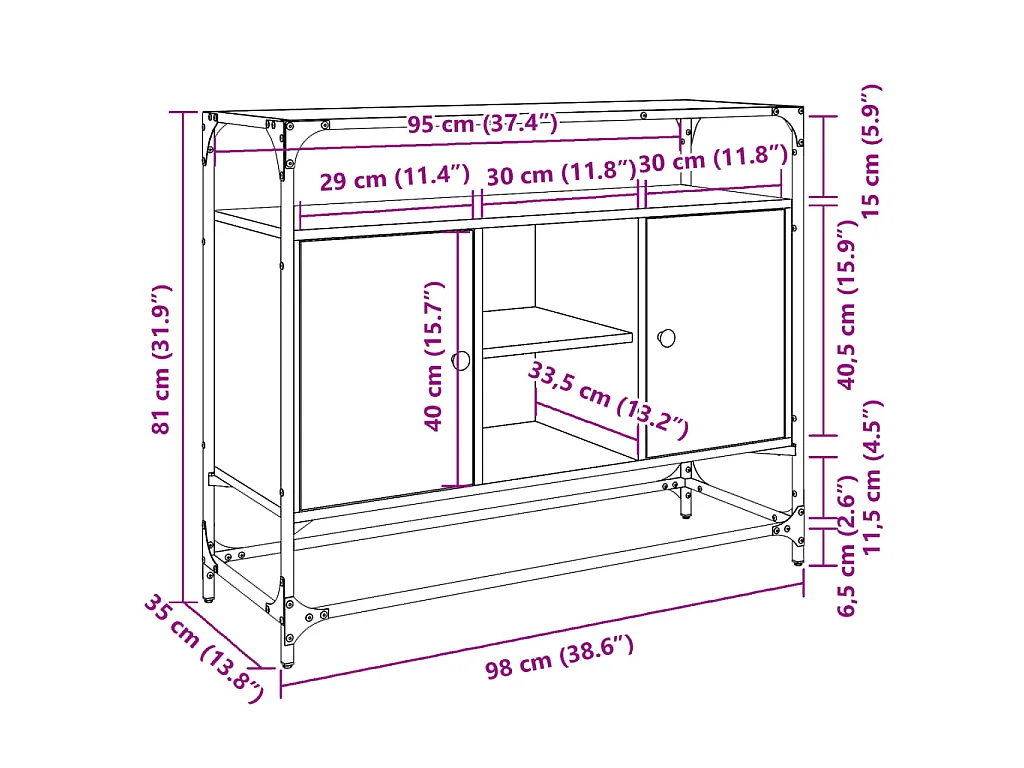 Aparador cristal y madera ingeniería marrón roble 98x35x81 cm