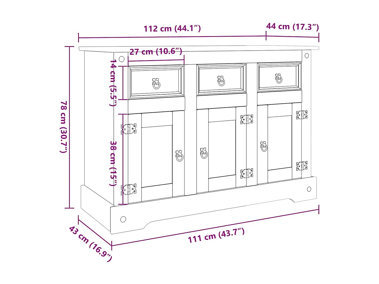 Dressoir "Corona" Bruin 112x44x78 cm Massief Hout Mexicaans Dennenhout
