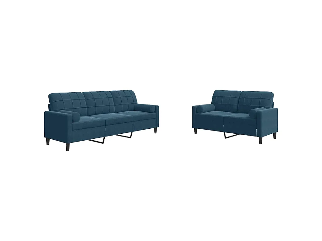 Ensemble de canapés 2pcs et coussins et traversins bleu velours