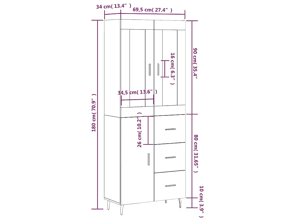 Hoge kast 69,5x34x180 cm bewerkt hout betongrijs