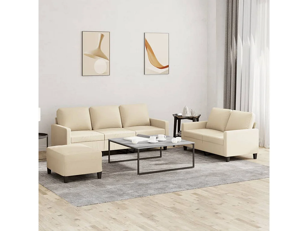Set di Divani 3 pz con Cuscini Crema in Tessuto