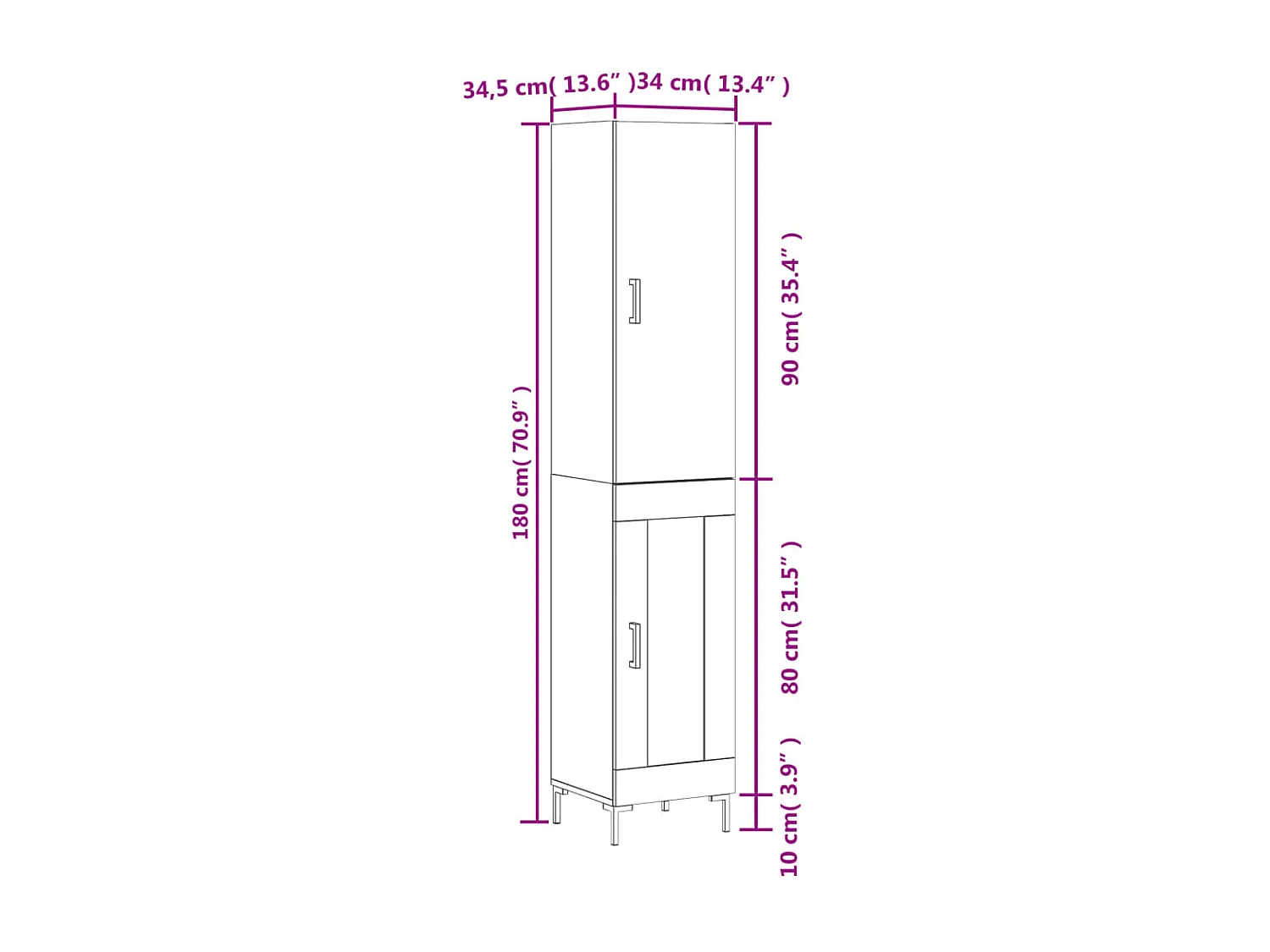 Hoge kast 34,5x34x180 cm bewerkt hout wit