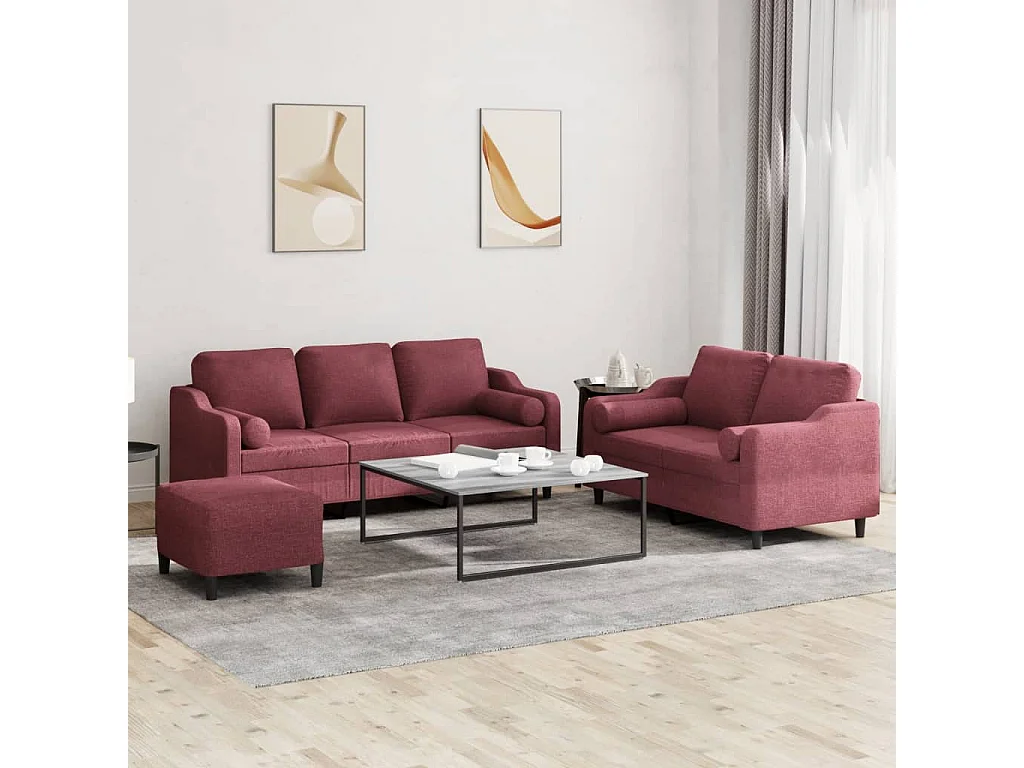Ensemble de canapés 3 pcs avec coussins rouge bordeaux tissu