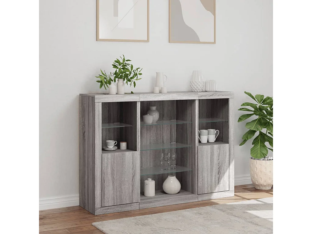 Buffets avec lumières LED 3 pcs sonoma gris bois d'ingénierie