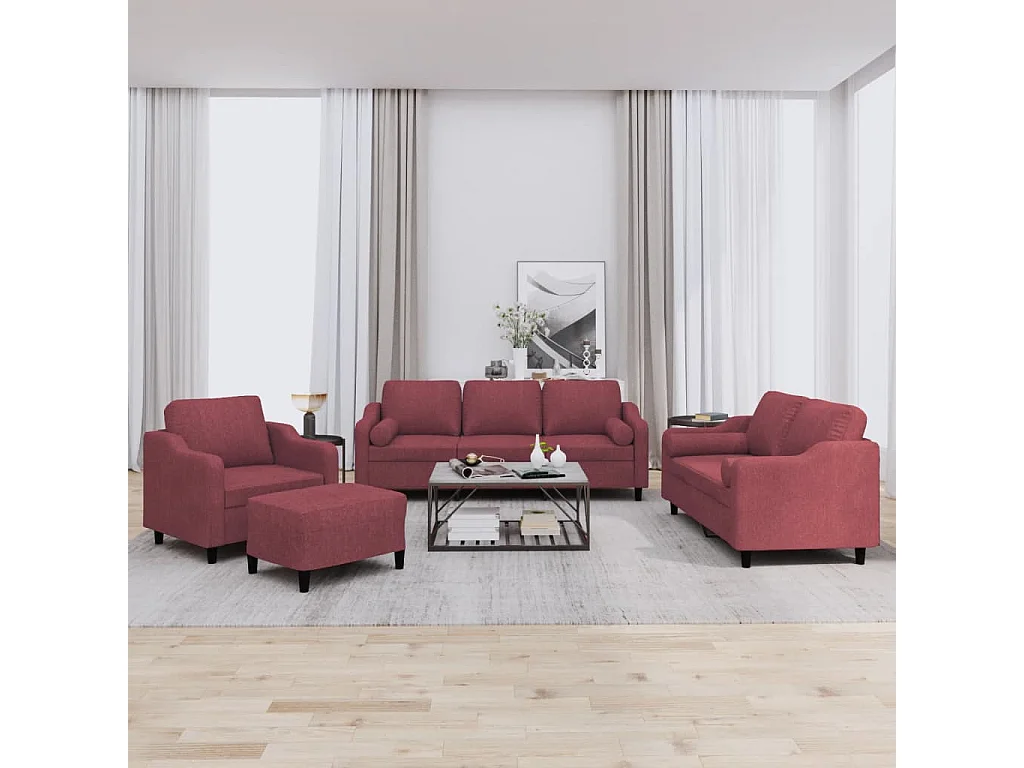Ensemble de canapés 4 pcs avec coussins rouge bordeaux tissu
