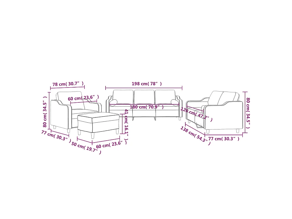 Ensemble de canapés 4 pcs avec coussins rouge bordeaux tissu