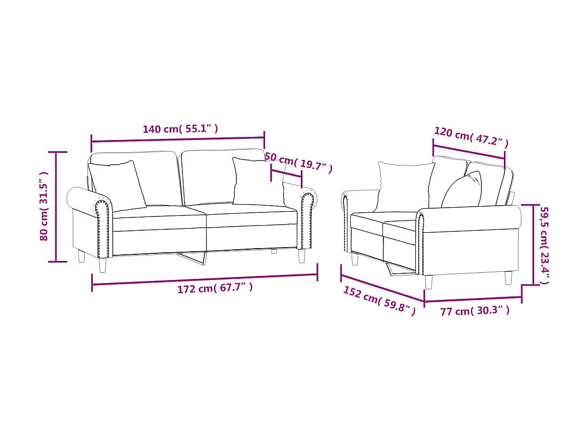 Ensemble de canapés 2 pcs avec coussins rouge bordeaux velours