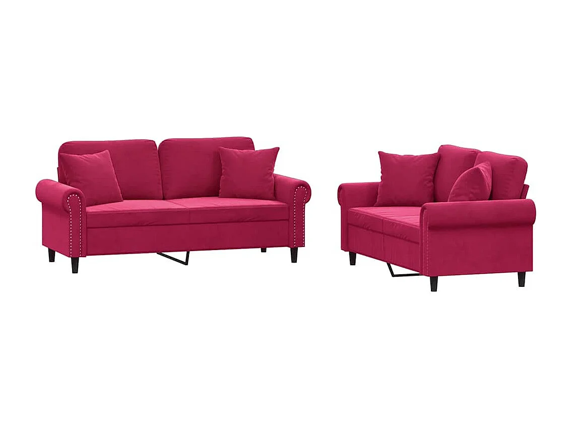 Set di Divani 2 pz con Cuscini Rosso Vino in Velluto