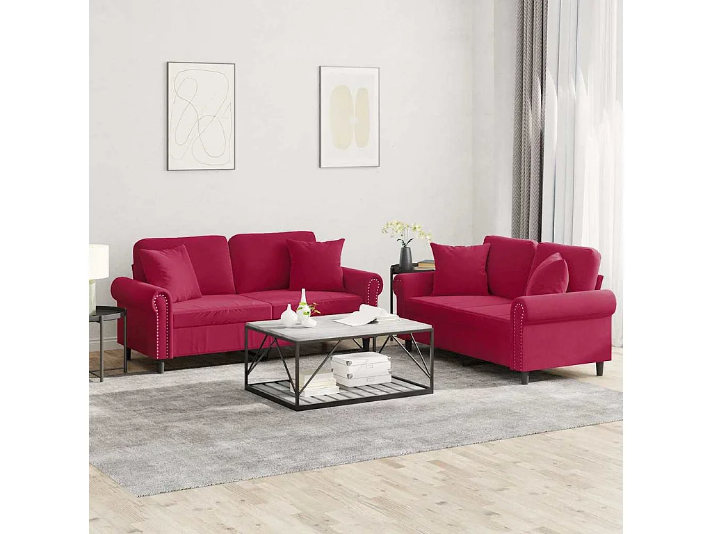 Set di Divani 2 pz con Cuscini Rosso Vino in Velluto