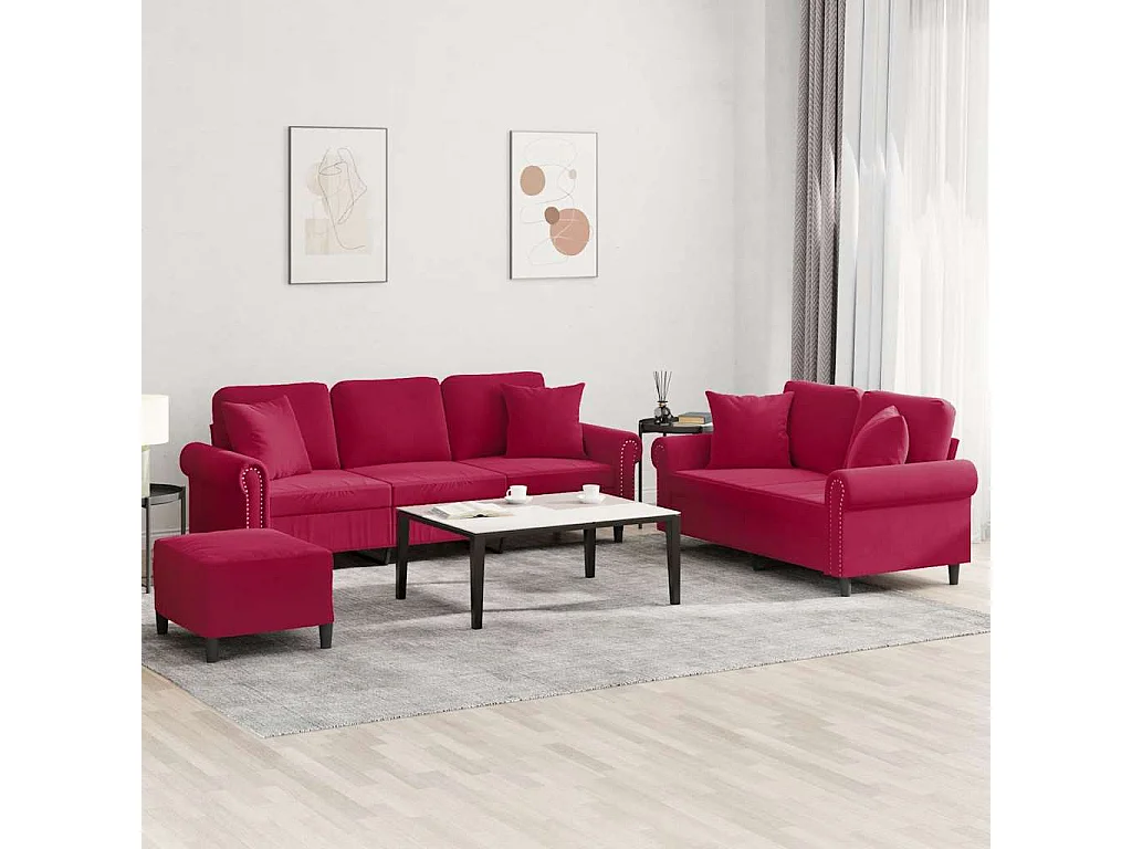 Ensemble de canapés 3 pcs avec coussins rouge bordeaux velours