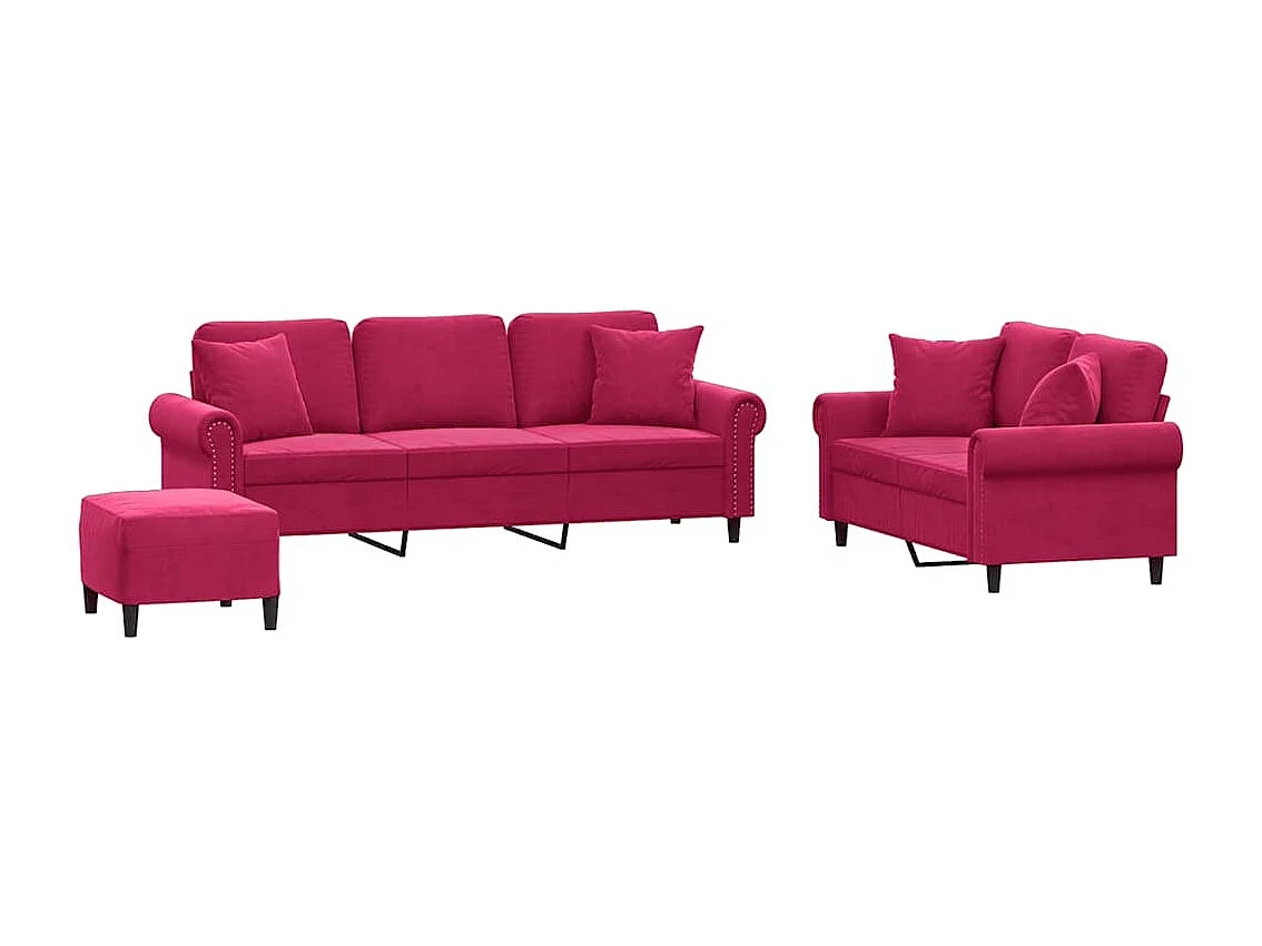 Ensemble de canapés 3 pcs avec coussins rouge bordeaux velours
