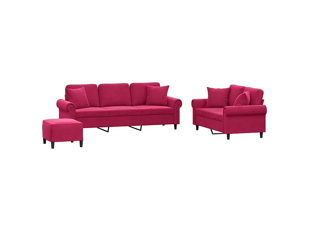 Ensemble de canapés 3 pcs avec coussins rouge bordeaux velours
