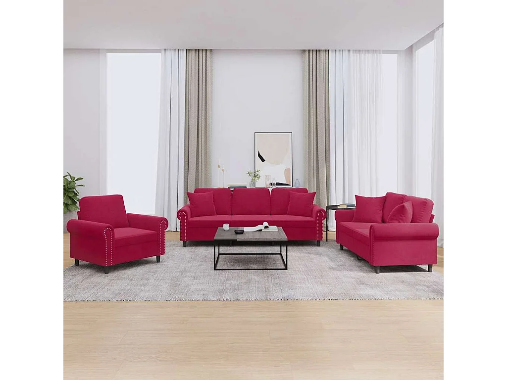 Ensemble de canapés 3 pcs avec coussins rouge bordeaux velours