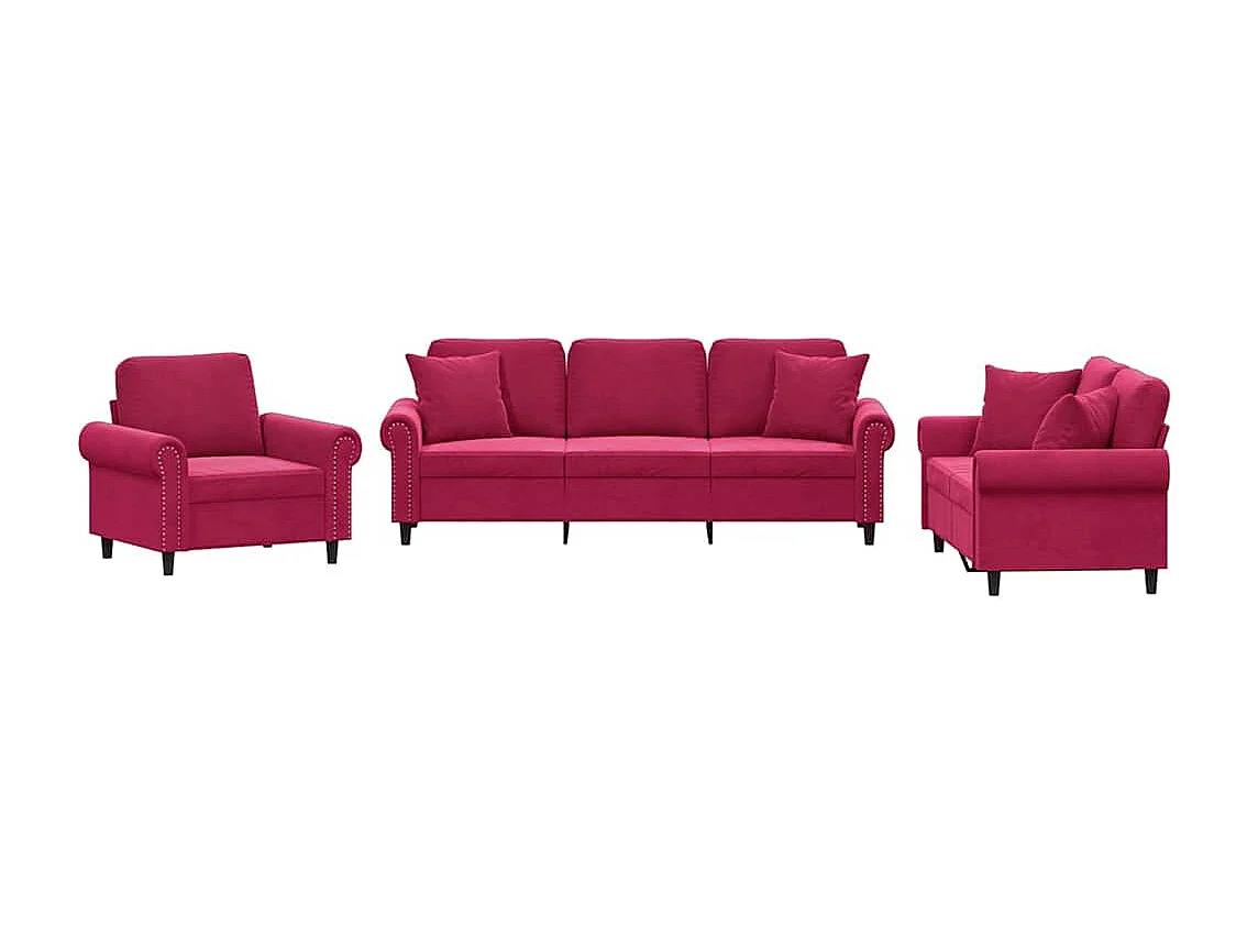 Ensemble de canapés 3 pcs avec coussins rouge bordeaux velours