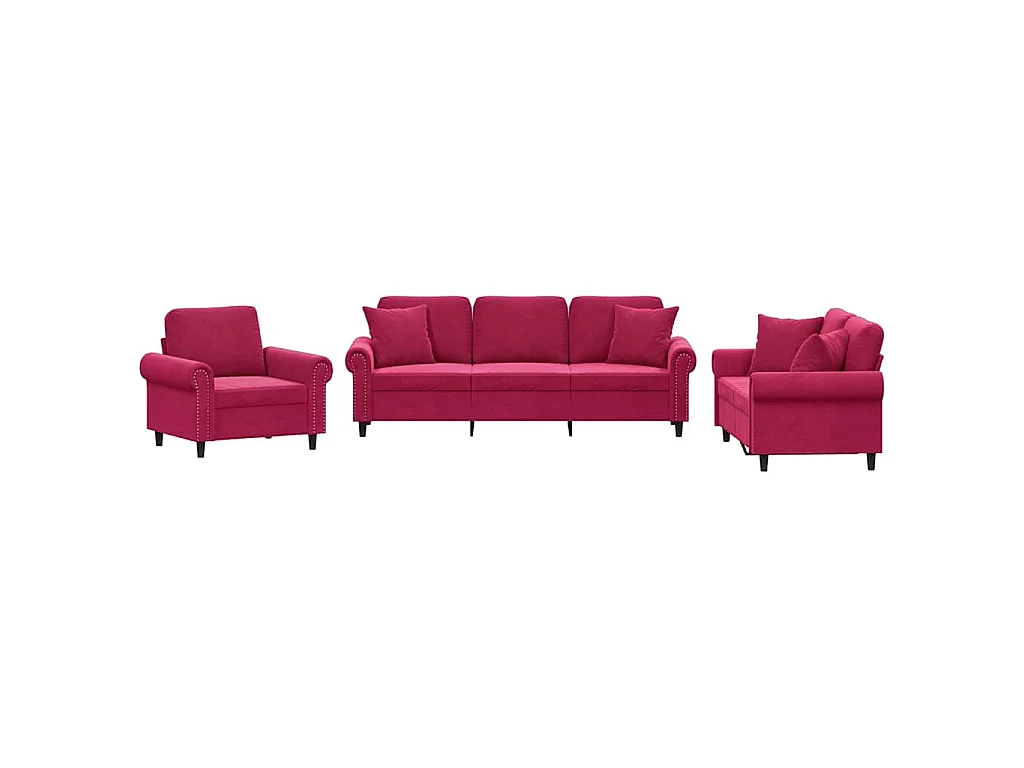 Ensemble de canapés 3 pcs avec coussins rouge bordeaux velours