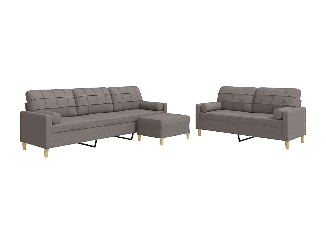 3-tlg. Sofagarnitur mit Fußhocker & Dekokissen Taupe Stoff