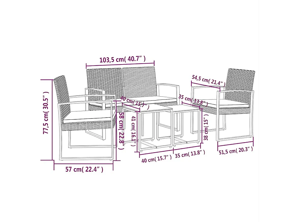 Ensemble à manger de jardin 5 pcs et coussins marron rotin PP