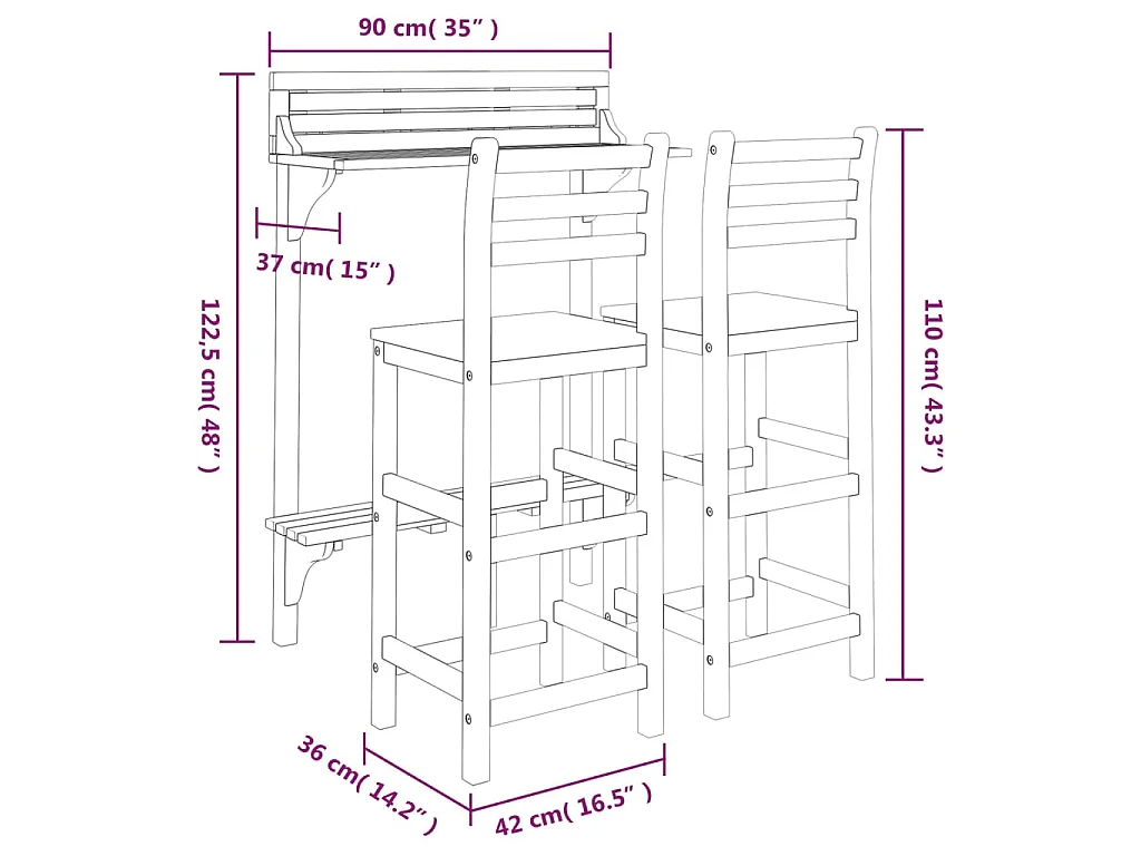 Ensemble de bar de balcon 3 pcs Bois d'acacia massif