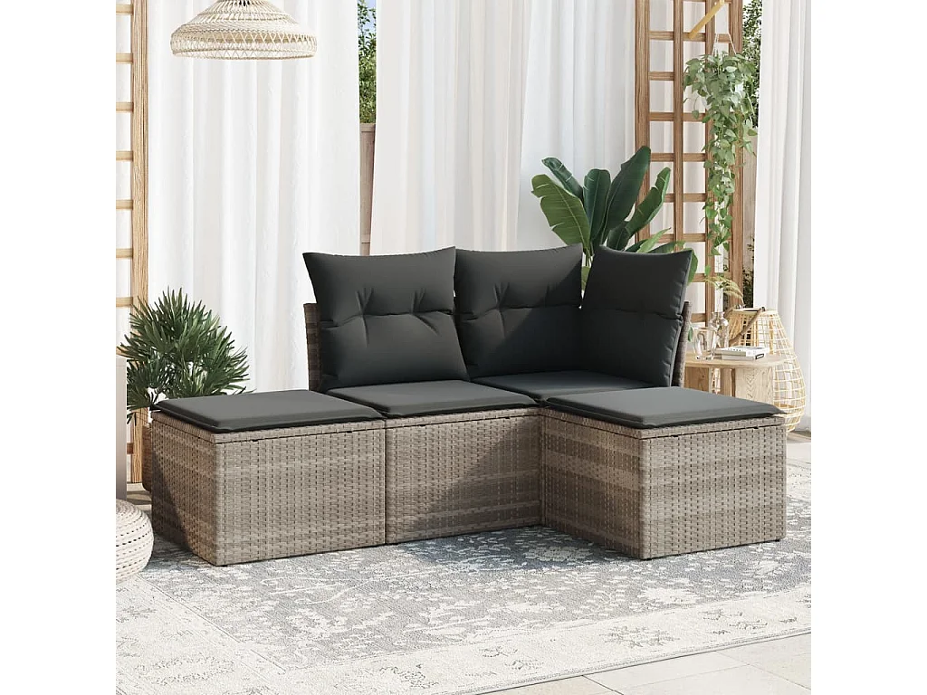 Set Divano da Giardino 4pz con Cuscini Grigio Chiaro Polyrattan