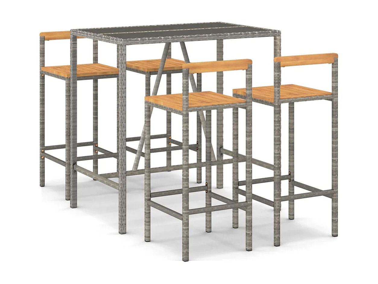 5 pcs conjunto de bar p/ jardim vime PE/acácia maciça cinzento