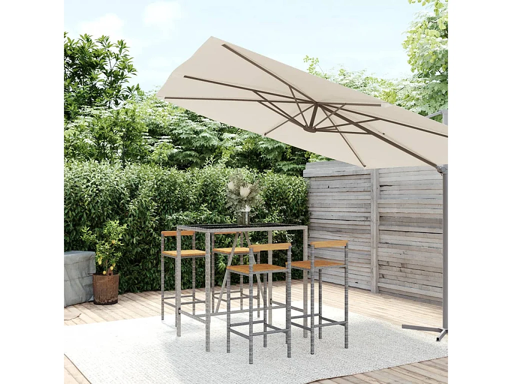 5 pcs conjunto de bar p/ jardim vime PE/acácia maciça cinzento