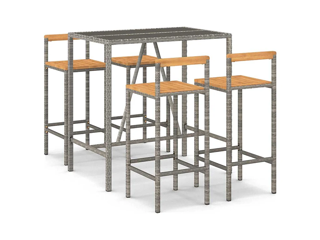 Ensemble de bar jardin 5 pcs gris poly rotin/bois massif acacia