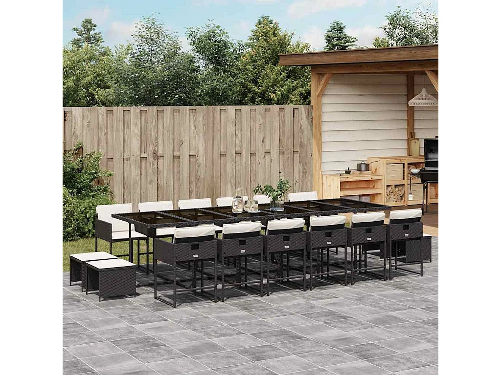 Set da Pranzo da Giardino 17 pz con Cuscini Nero in Polyrattan
