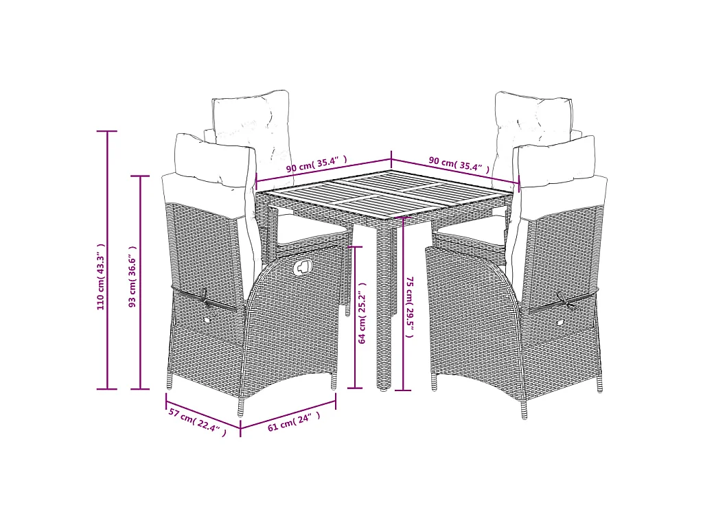 Set da Pranzo da Giardino 5 pz con Cuscini in Polyrattan Grigio