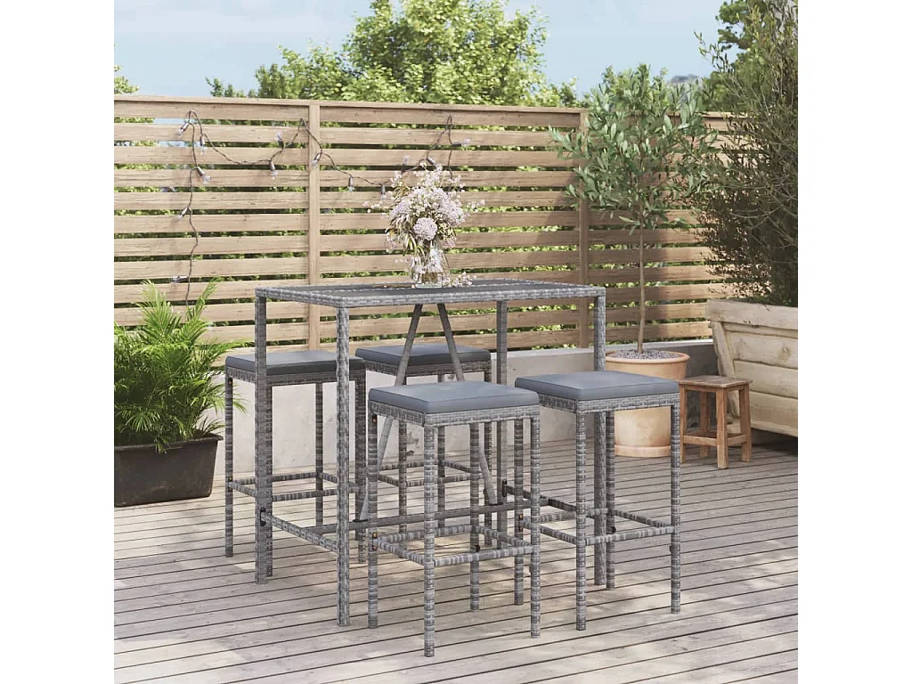 Set Bar da Giardino 5 pz con Cuscini in Polyrattan Grigio
