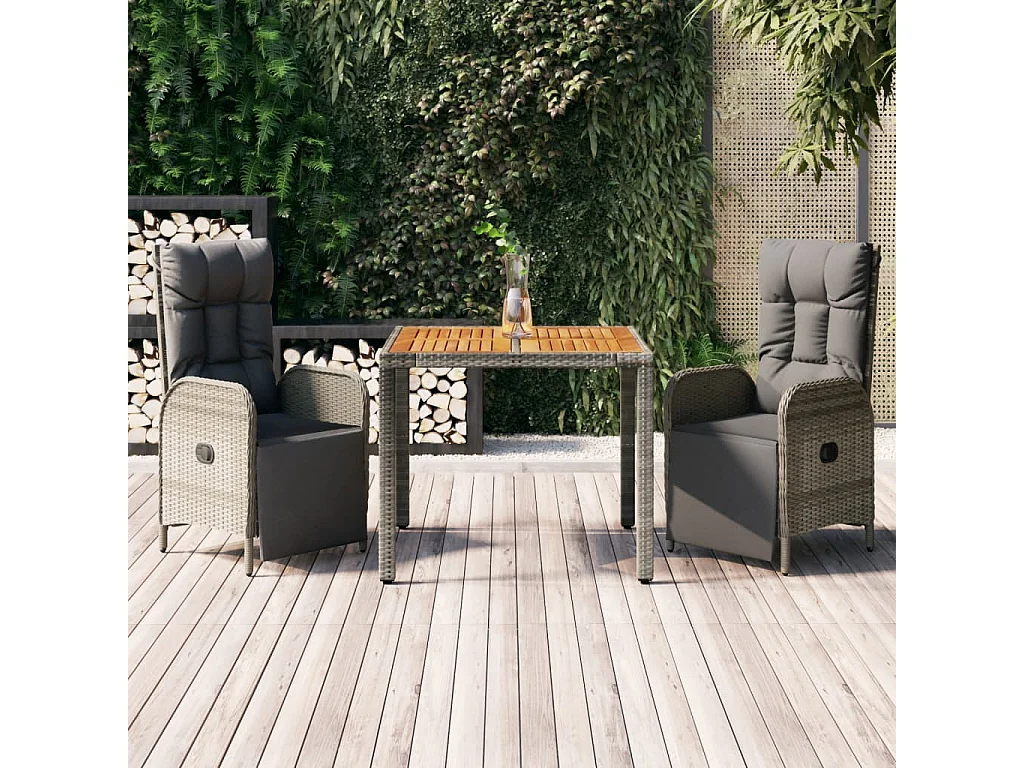 Set da Pranzo da Giardino 3 pz con Cuscini in Polyrattan Grigio