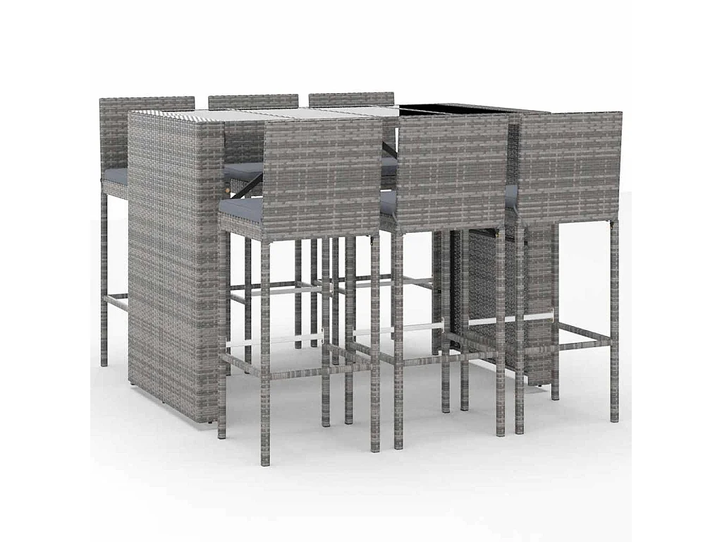 7 pcs conjunto de bar p/ jardim c/ almofadões vime PE cinzento