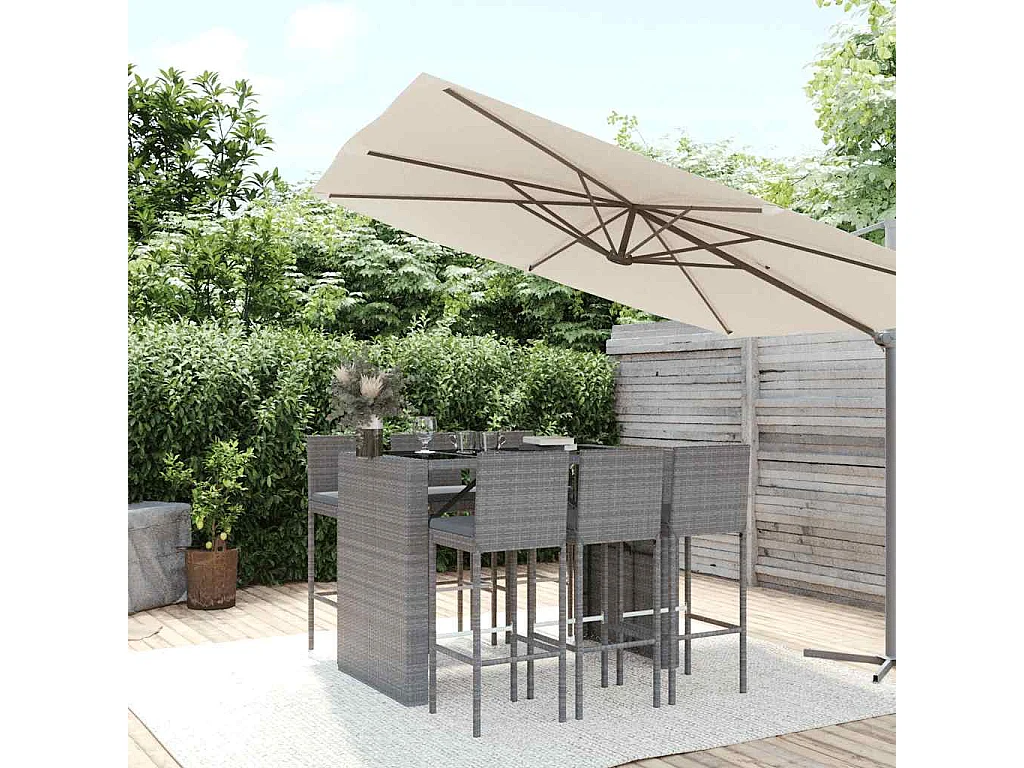 7 pcs conjunto de bar p/ jardim c/ almofadões vime PE cinzento