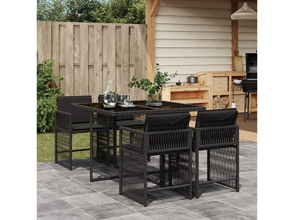 Ensemble à manger de jardin coussins 5pcs Noir Résine tressée